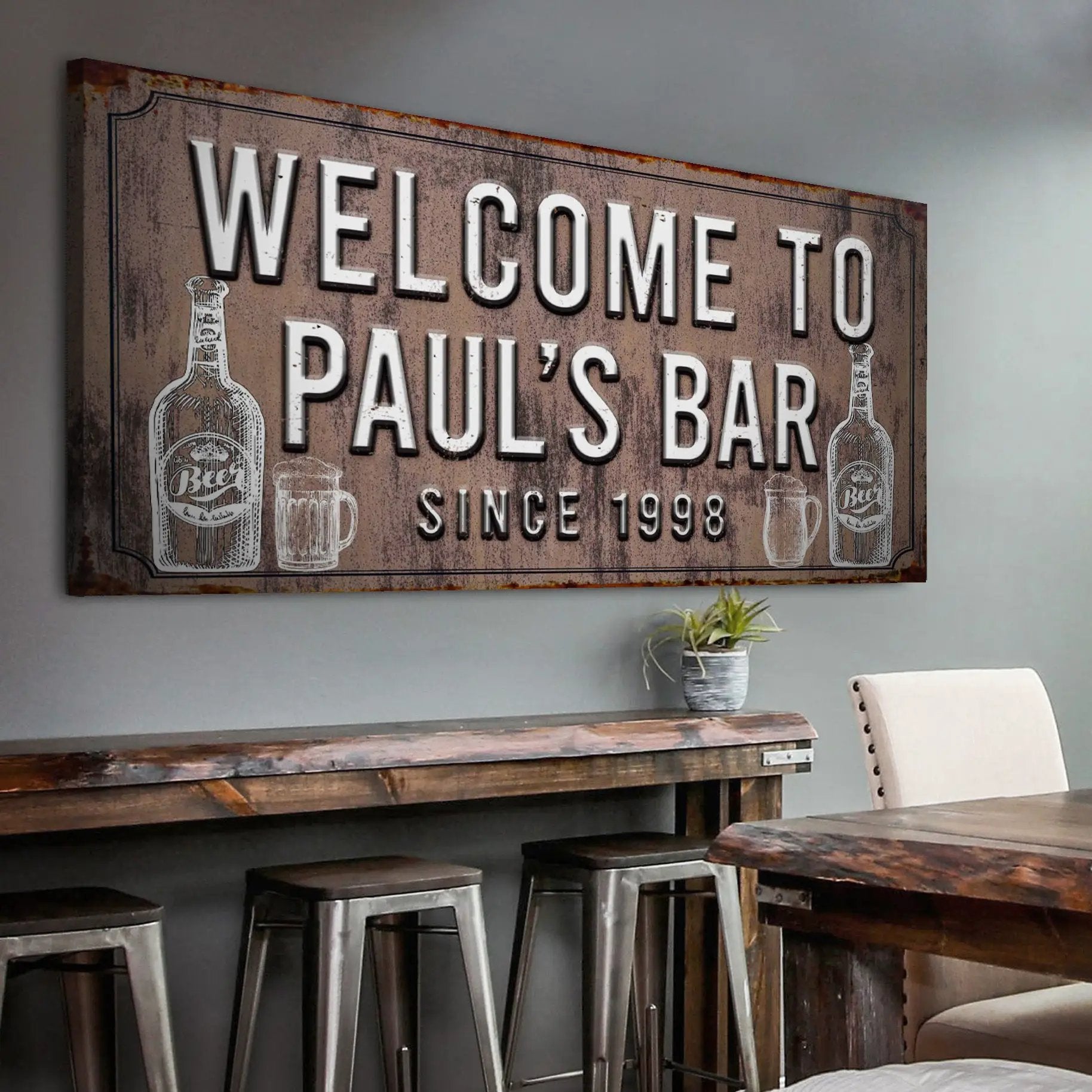 Bar Sign III canvas with rust finish, 3D lettering reading WELCOME TO PAUL'S BAR and bottle art on Tampa Home & Garden Store