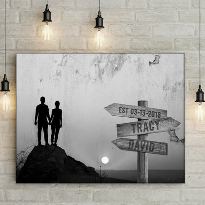 Monochrome Sunset Couple Sign canvas featuring silhouetted couple on a hill with signpost on Tampa Home & Garden Store
