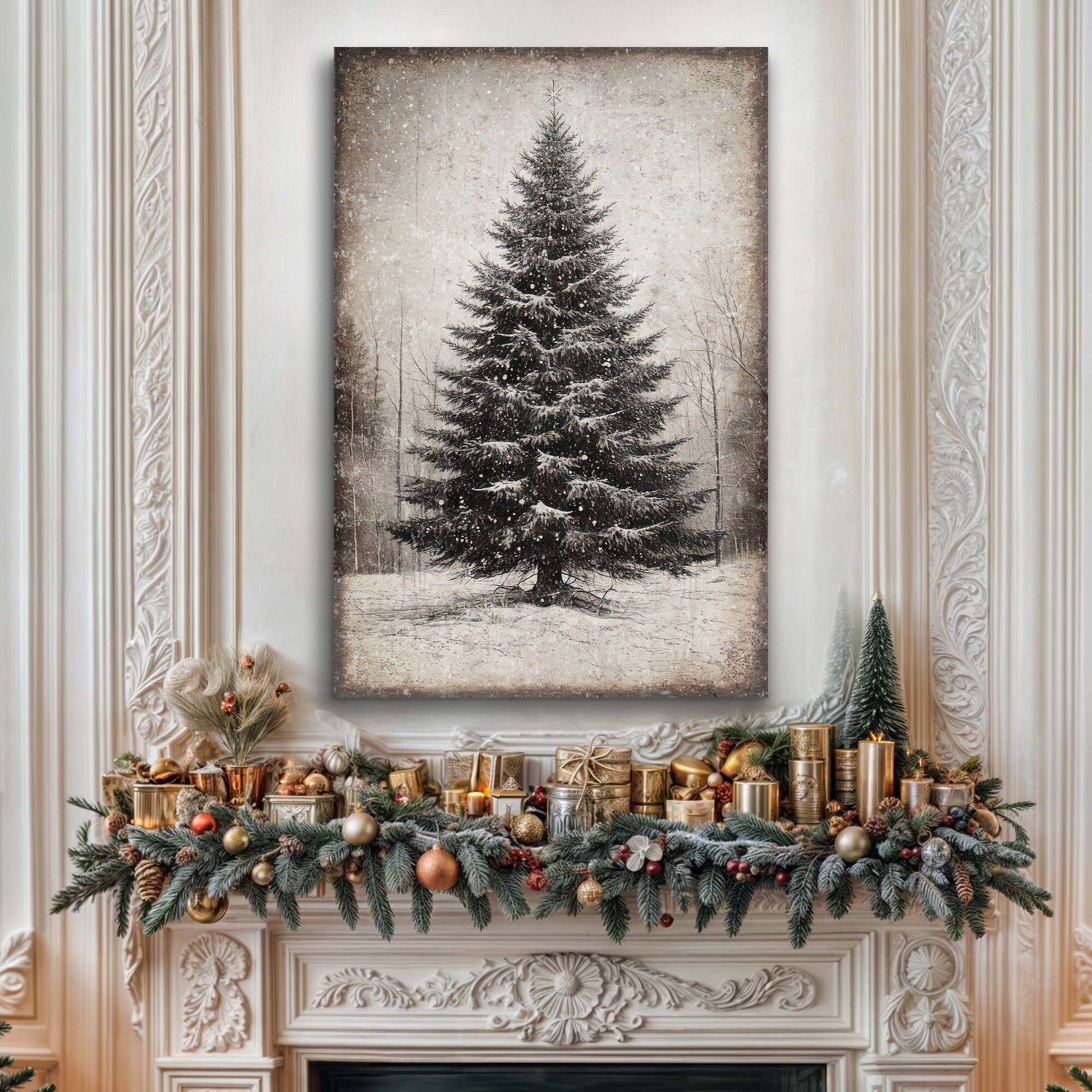 Vintage Christmas Tree Wall Art III canvas by Tailored Canvases, sepia-toned tree above a mantel on Tampa Home & Garden Store