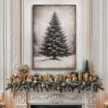 Vintage Christmas Tree Wall Art III canvas by Tailored Canvases, sepia-toned tree above a mantel on Tampa Home & Garden Store