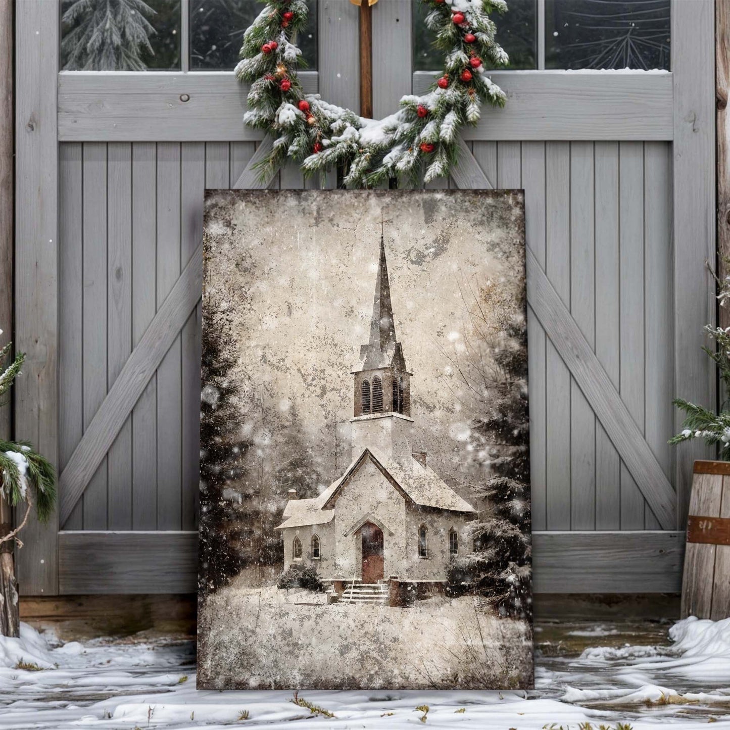 Vintage Church Christmas Wall Art IV canvas with a tall sepia church steeple amid snow on Tampa Home & Garden Store
