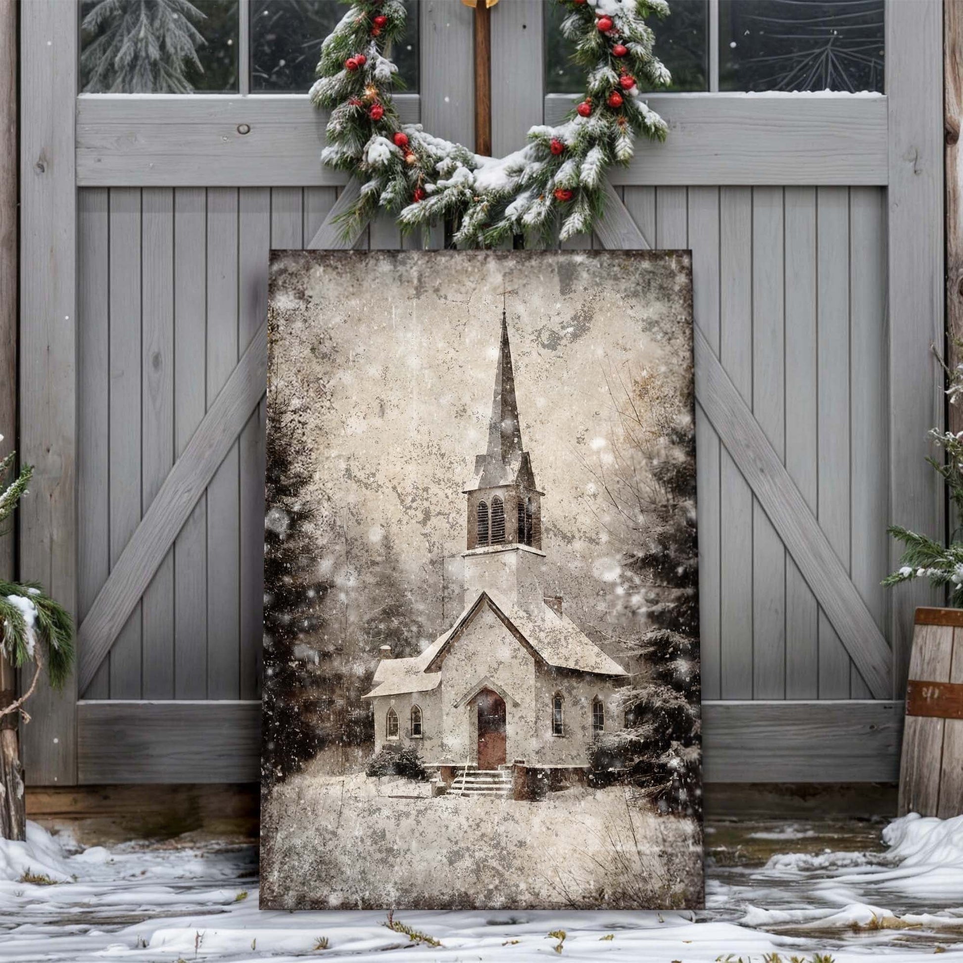 Vintage Church Christmas Wall Art IV canvas with a tall sepia church steeple amid snow on Tampa Home & Garden Store