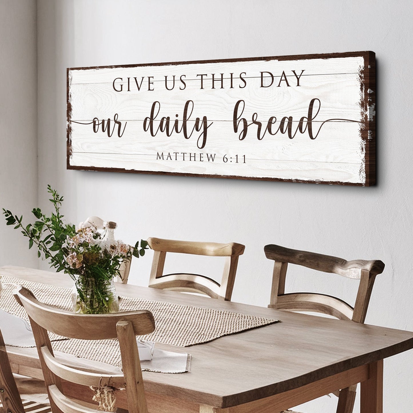 Canvas sign Tailored Canvases with brown text Give Us This Day our daily bread Matthew 6:11 on Tampa Home & Garden Store