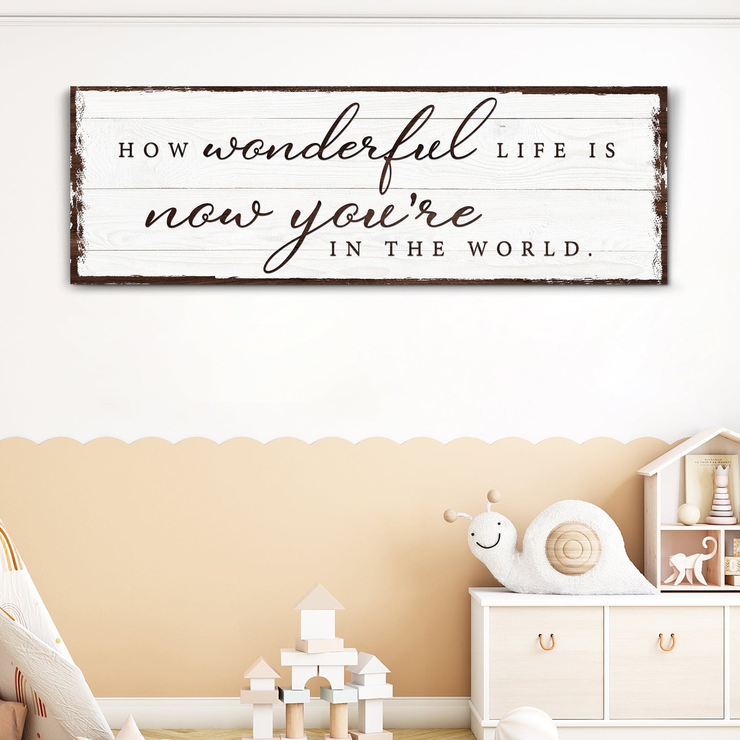 Canvas sign How Wonderful Life Is Now You're In The World Sign IV on white wood planks on Tampa Home & Garden Store