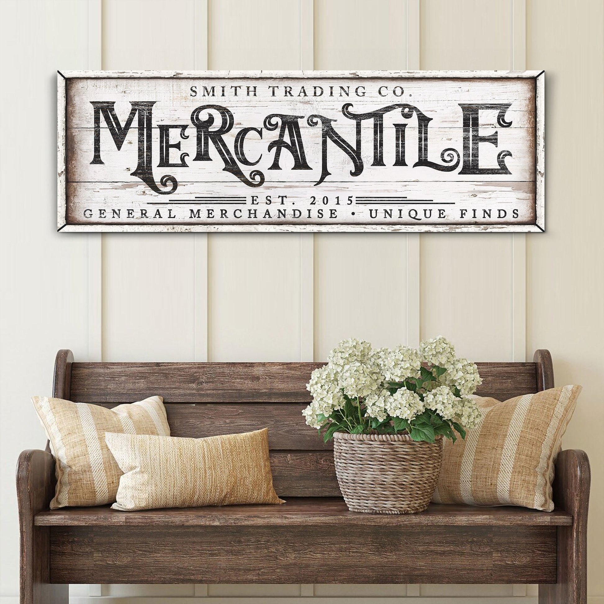 Personalized Mercantile Sign canvas by Tailored Canvases with black lettering on wood on Tampa Home & Garden Store