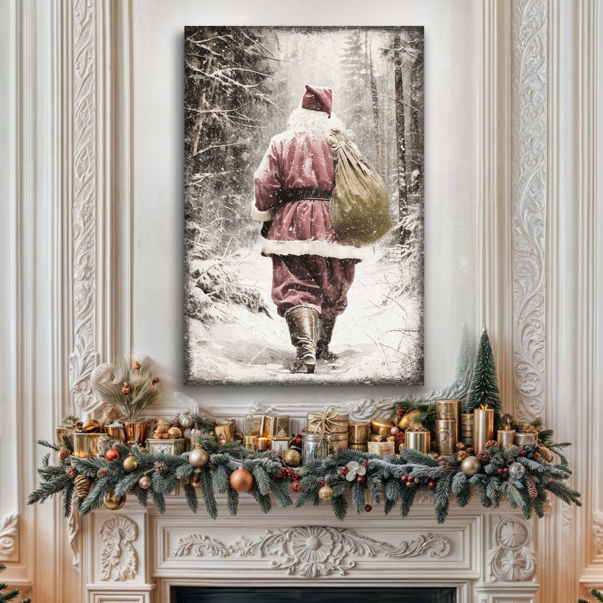 Vintage Santa Claus in Winter Forest Christmas Wall Art III canvas Tailored Canvases, forest scene on Tampa Home & Garden Store