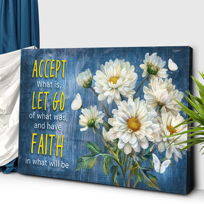 Tailored Canvases canvas sign Accept Let Go And Have Faith II with blue wood and daisies on Tampa Home & Garden Store