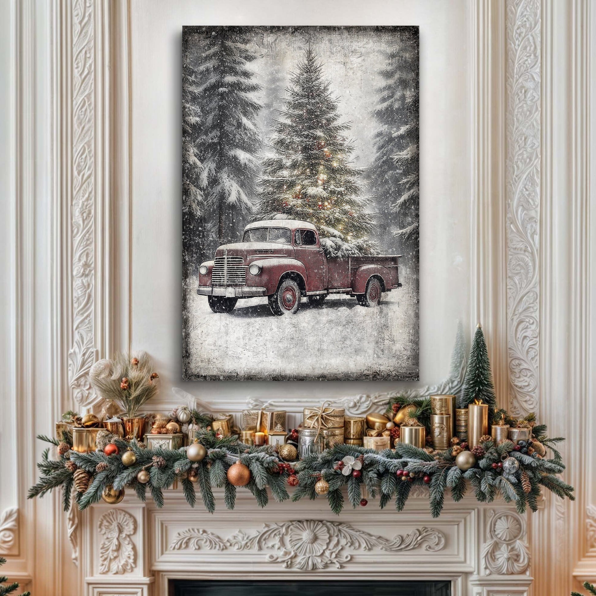 Vintage Truck With Christmas Tree Wall Art III by Tailored Canvases; red truck in snow on Tampa Home & Garden Store