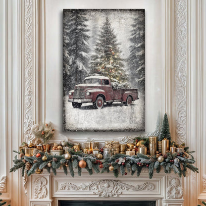 Vintage Truck With Christmas Tree Wall Art III by Tailored Canvases; red truck in snow on Tampa Home & Garden Store