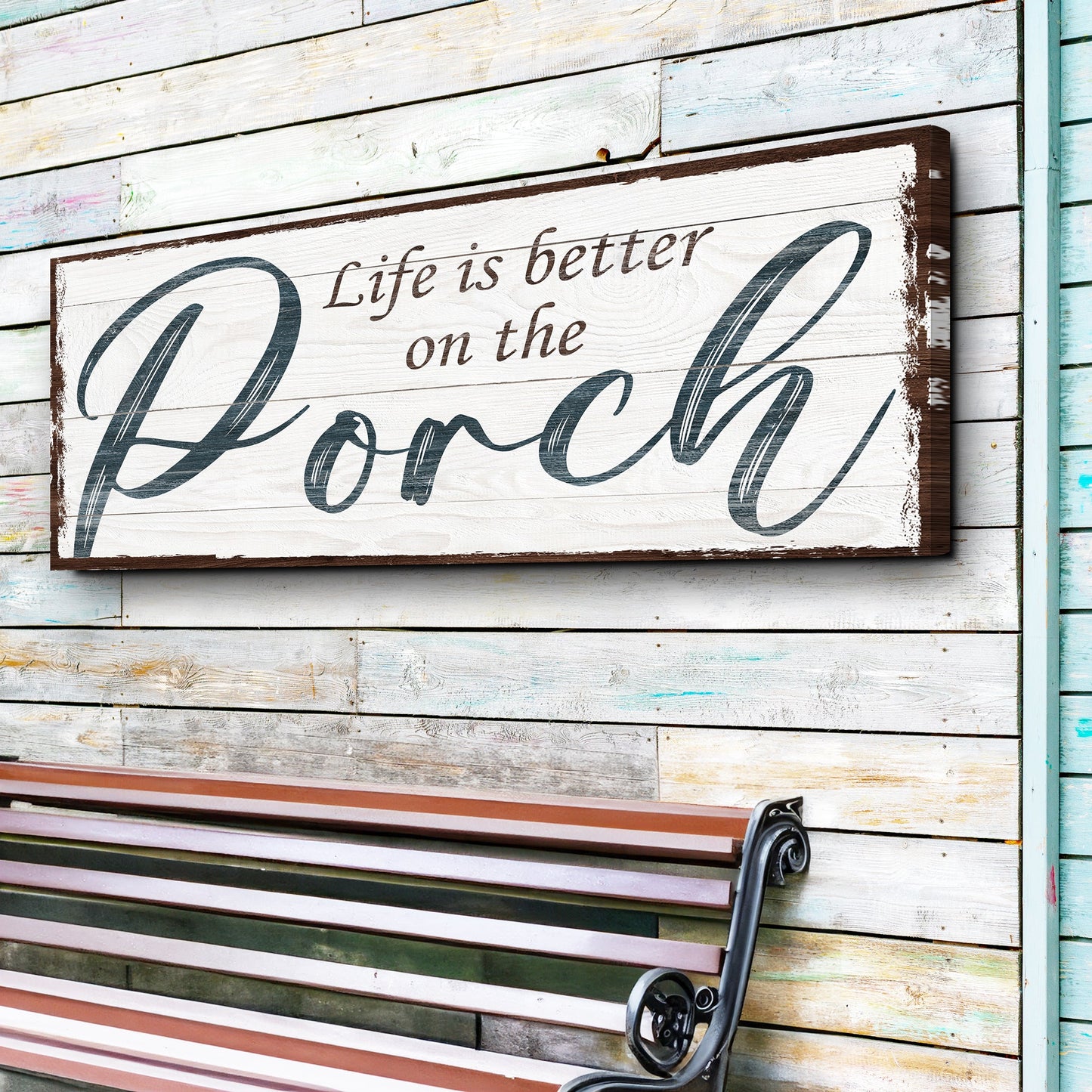 Life Is Better On The Porch Sign II canvas by Tailored Canvases, distressed white wood on Tampa Home & Garden Store