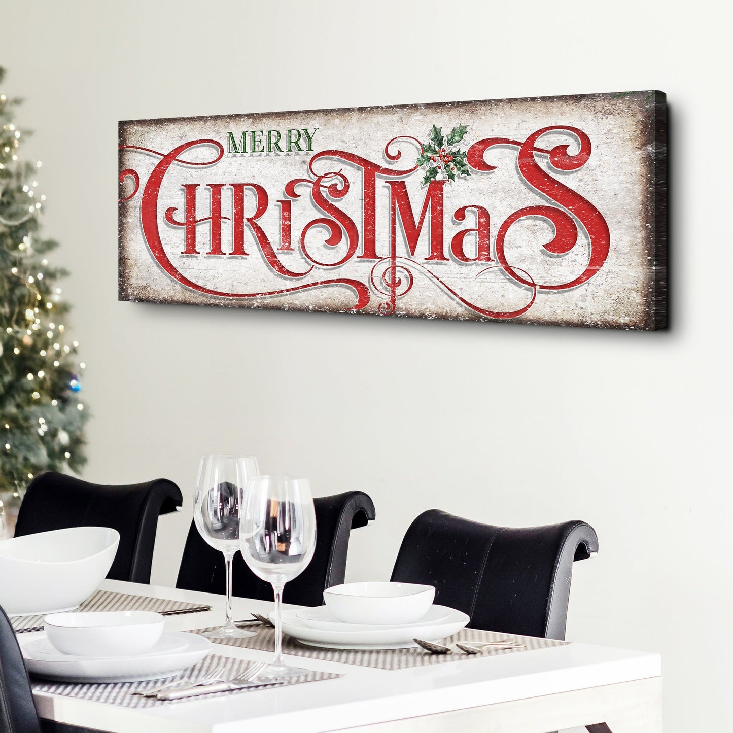 Vintage Merry Christmas Sign III canvas by Tailored Canvases with red script and holly on Tampa Home & Garden Store