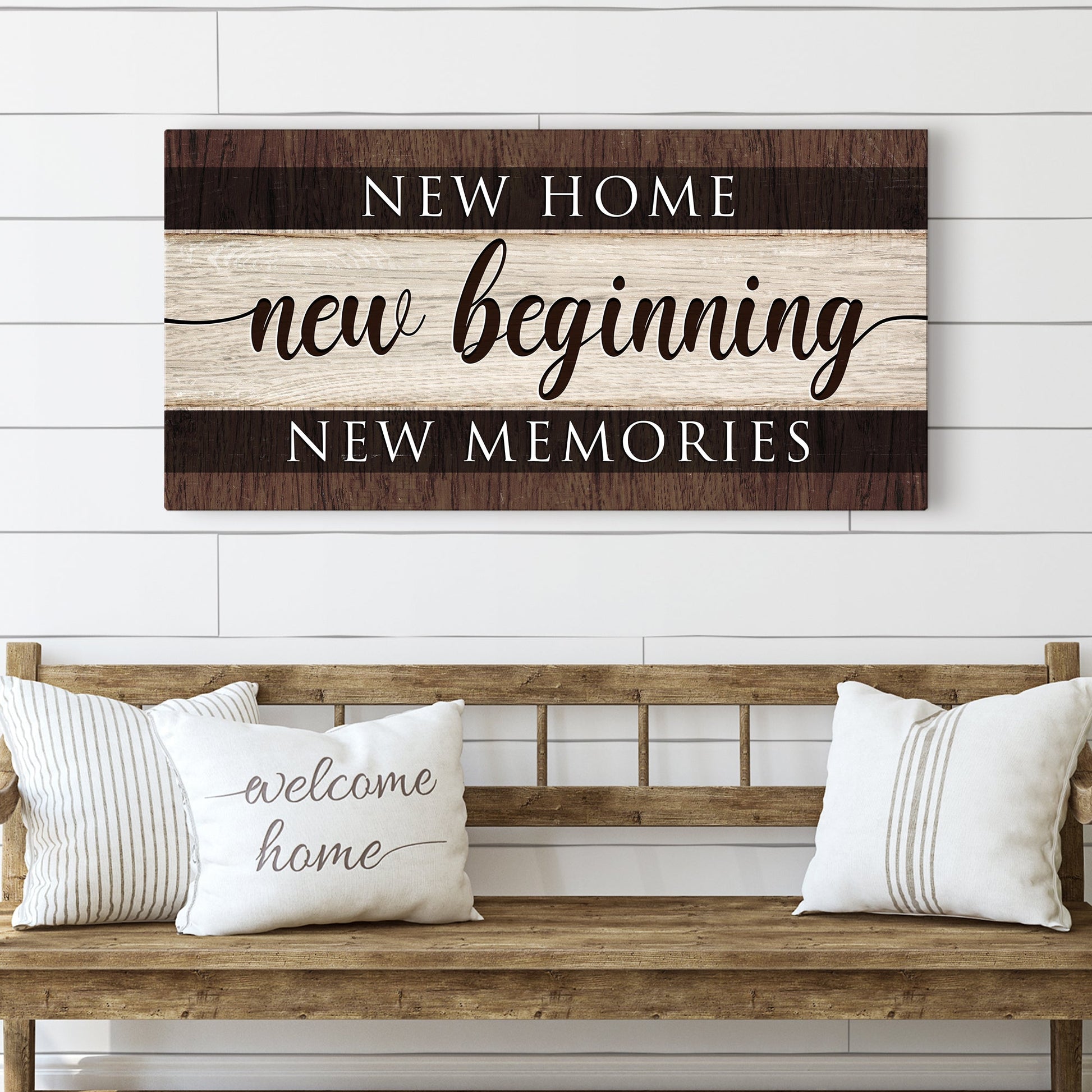 Canvas sign New Home New Beginning New Memories on rustic wood panels Tailored Canvases on Tampa Home & Garden Store
