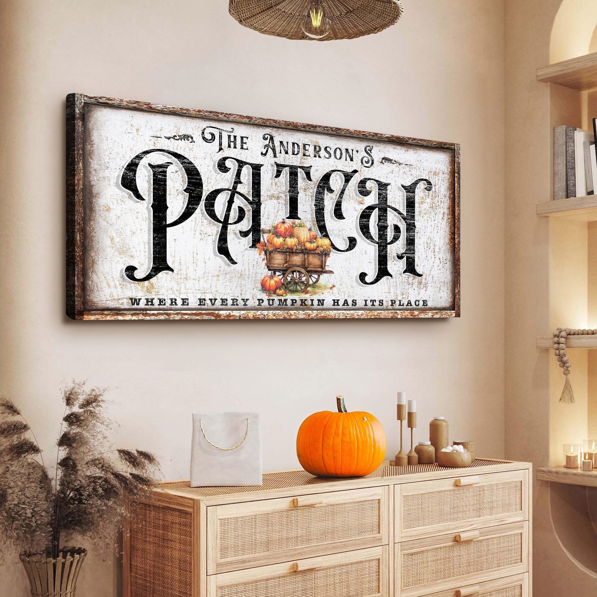 Personalized Pumpkin Patch Sign VIII canvas with distressed white finish and pumpkin cart motif on Tampa Home & Garden Store