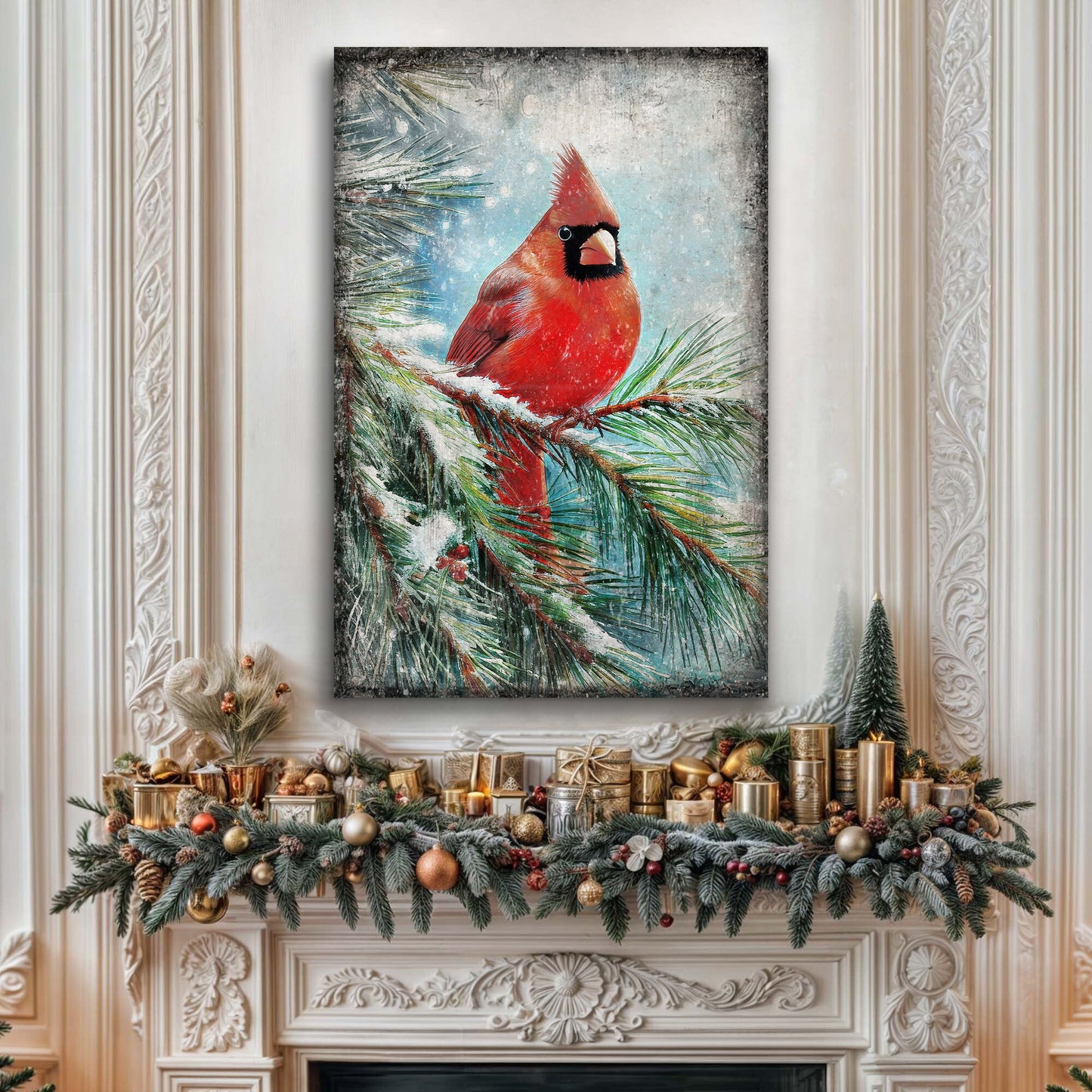 Vintage Cardinal Christmas Wall Art canvas Tailored Canvases, red cardinal on pine branches on Tampa Home & Garden Store