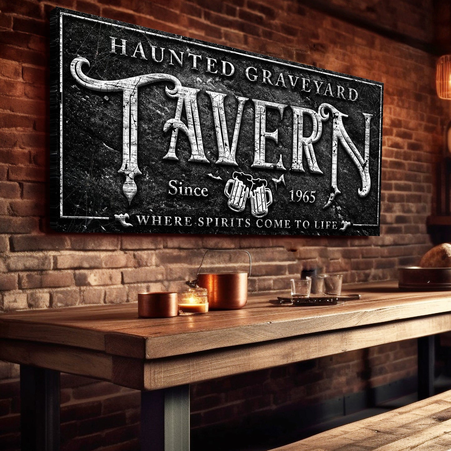 Haunted Graveyard Tavern Halloween Sign II canvas by Tailored Canvases distressed black on Tampa Home & Garden Store