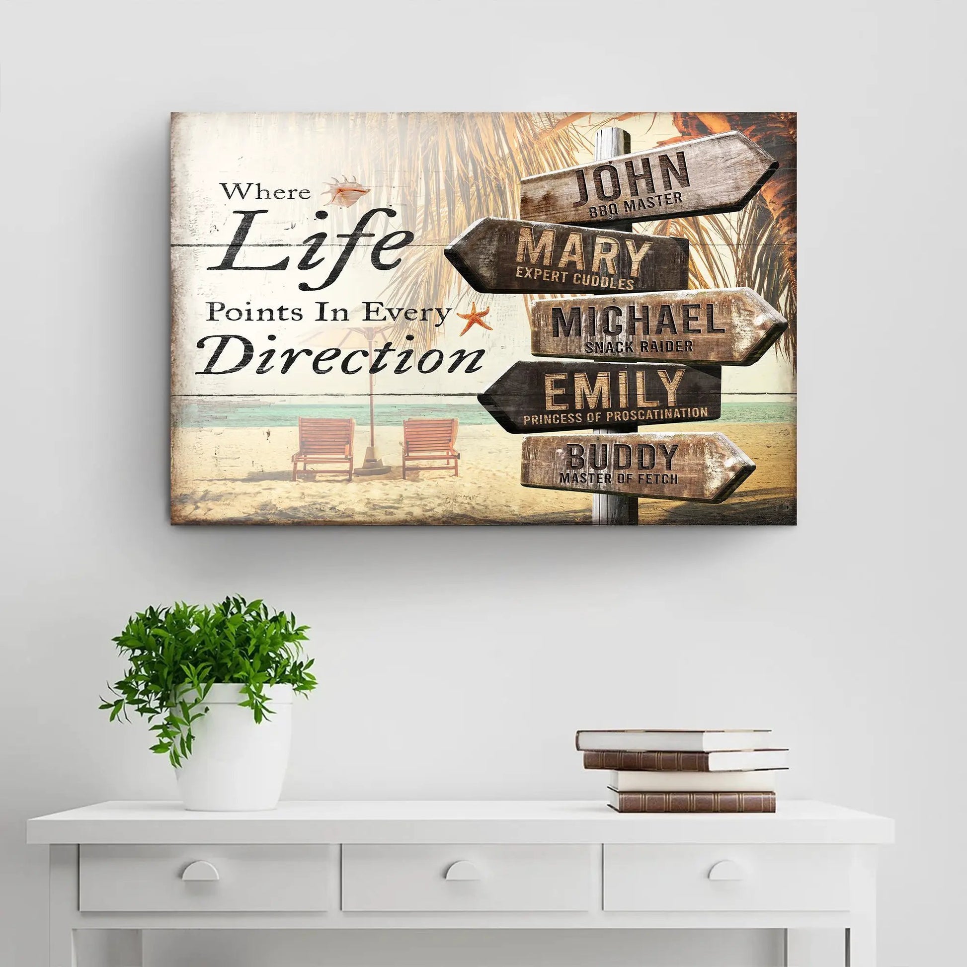 Where Life Points In Every Direction Beach Family Names Sign canvas weathered wooden signs on Tampa Home & Garden Store