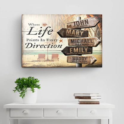 Where Life Points In Every Direction Beach Family Names Sign canvas weathered wooden signs on Tampa Home & Garden Store