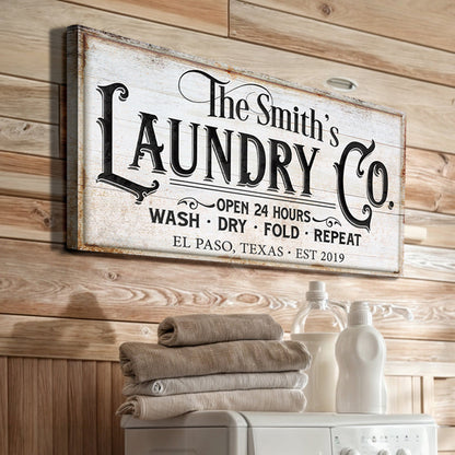 Crafting canvas wall art The Laundry Room Sign IX by Tailored Canvases, rustic whitewashed sign with bold black typography on Tampa Home & Garden Store