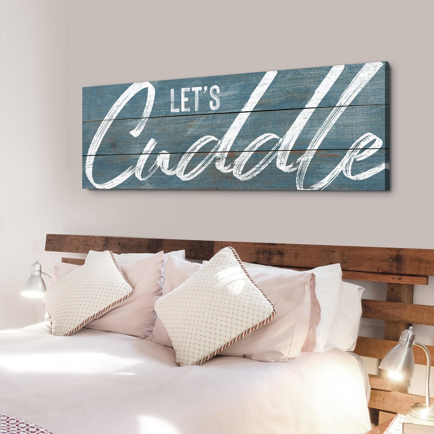 Let's Cuddle Sign canvas with blue distressed wood background and white script lettering on Tampa Home & Garden Store