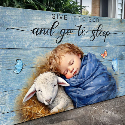 Tailored Canvases faith sign canvas in blue weathered wood with sleeping child and lamb on Tampa Home & Garden Store