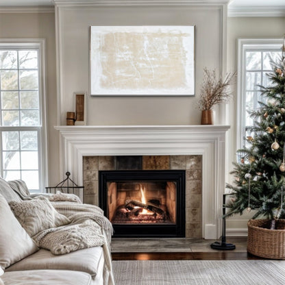 Modern Linear Abstract Wall Art canvas in beige and white textured tones above fireplace mantel on Tampa Home & Garden Store