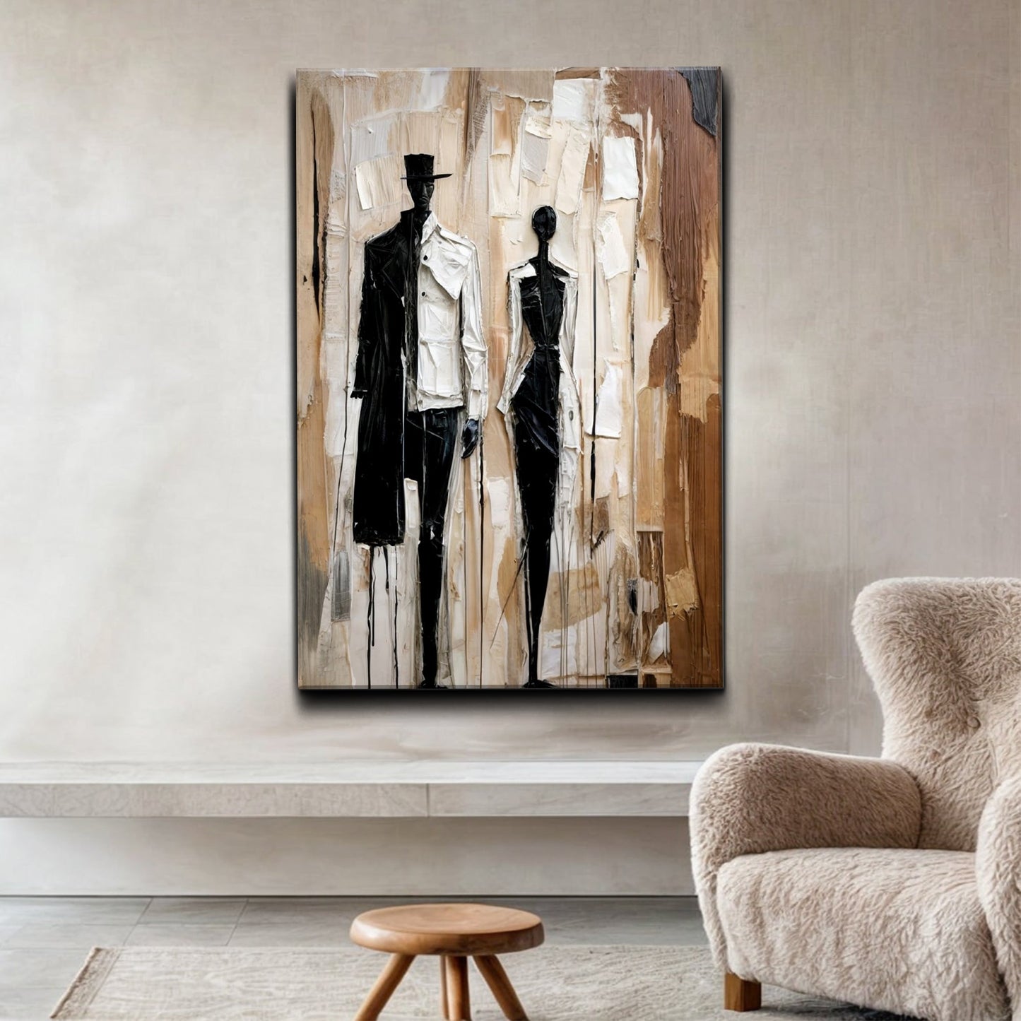 Modern Abstract Couple Wall Art canvas shows black and white silhouettes on beige backdrop on Tampa Home & Garden Store