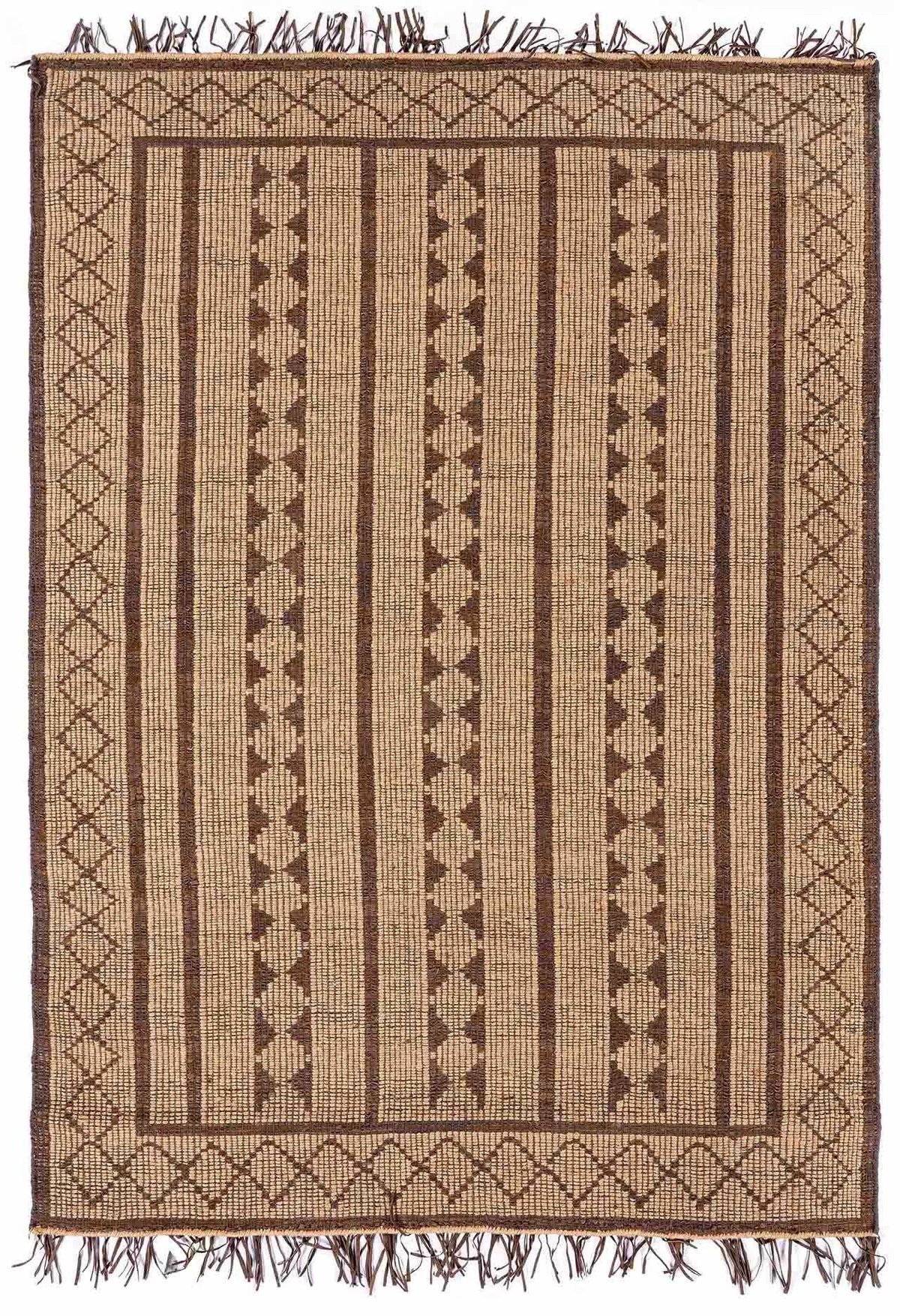 Maia Jute & Leather Area Rug in brown and tan with striped geometric pattern and fringed edges on Tampa Home & Garden Store