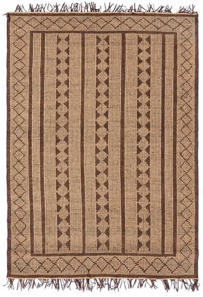 Maia Jute & Leather Area Rug in brown and tan with striped geometric pattern and fringed edges on Tampa Home & Garden Store