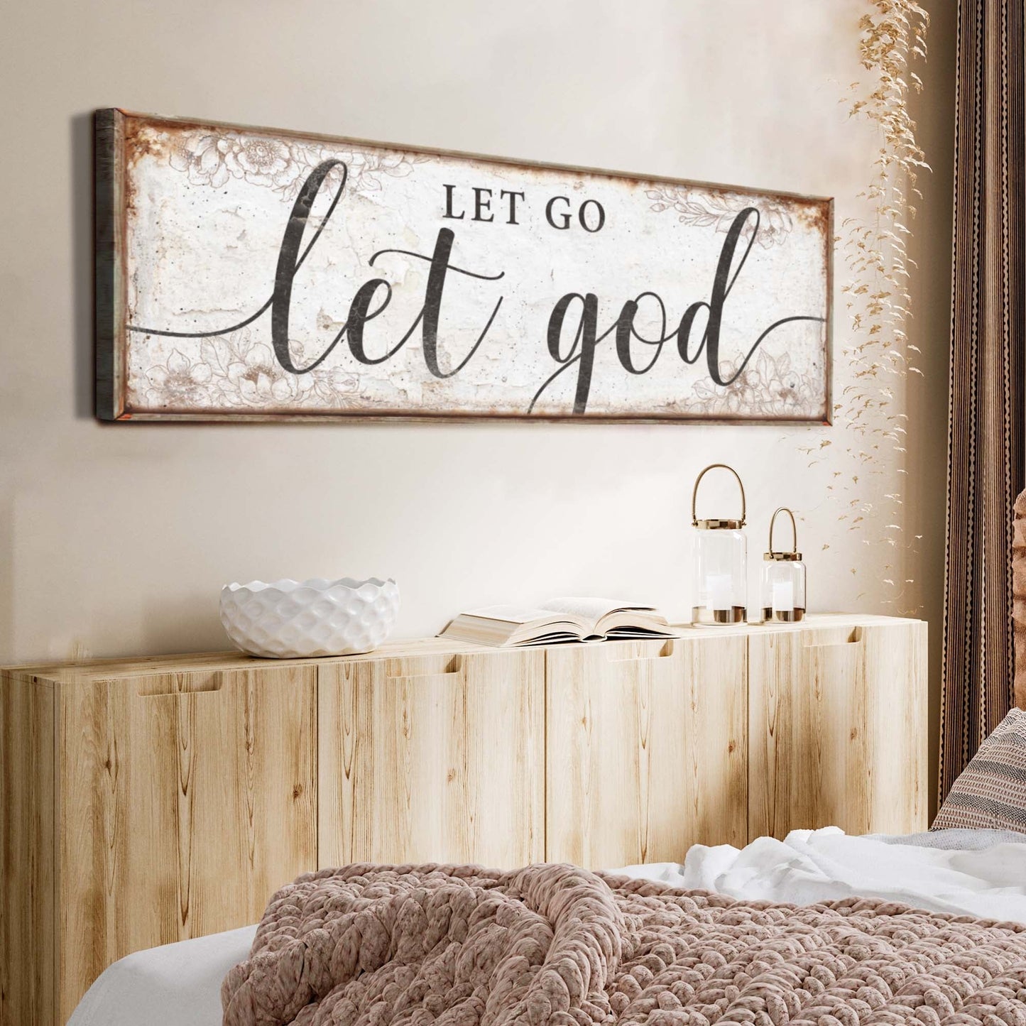 Let Go Let God faith sign canvas by Tailored Canvases, white distressed canvas with black script on Tampa Home & Garden Store