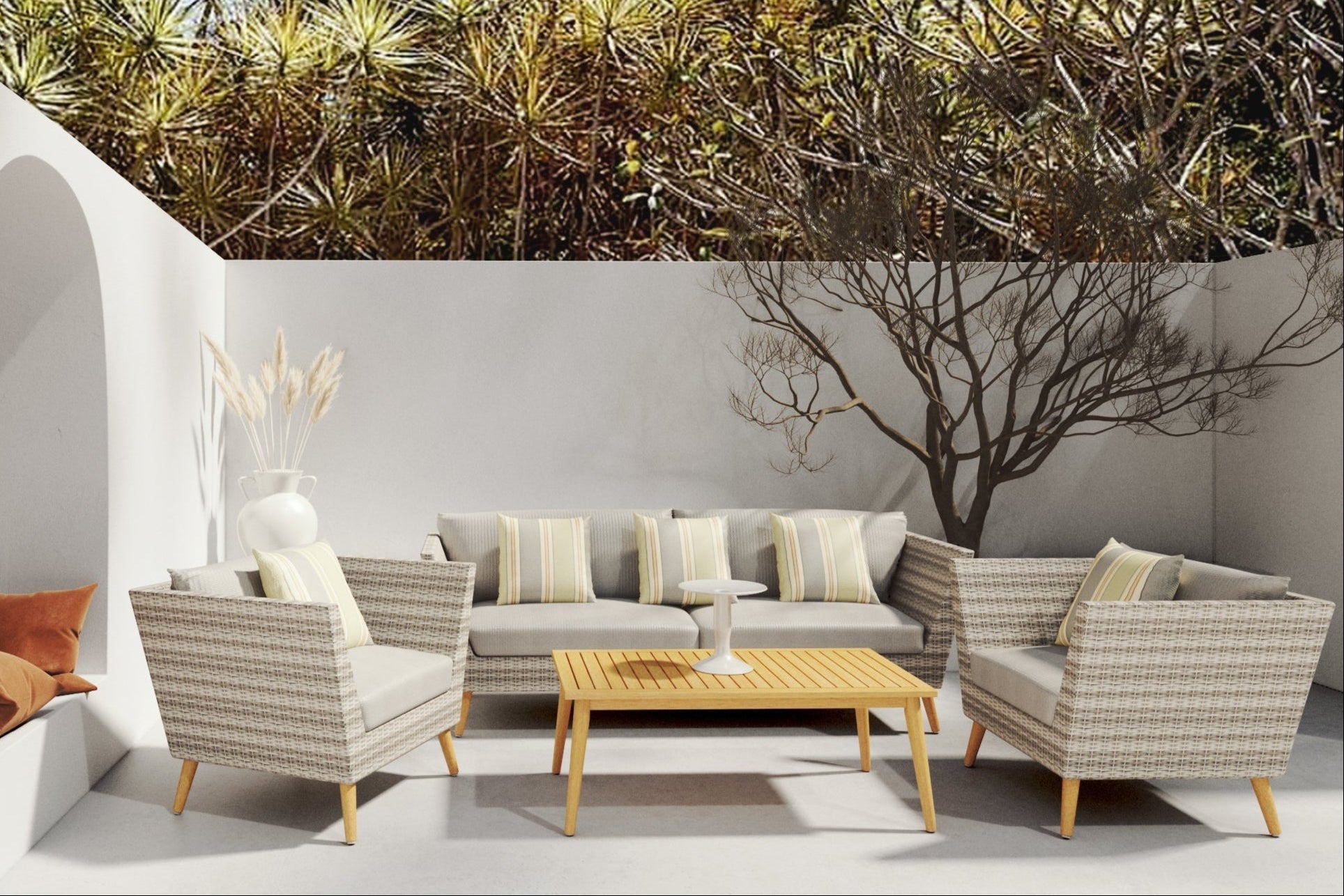 Panther Outdoor Patio Wicker Seating Set with gray cushions around a wooden coffee table on Tampa Home & Garden Store