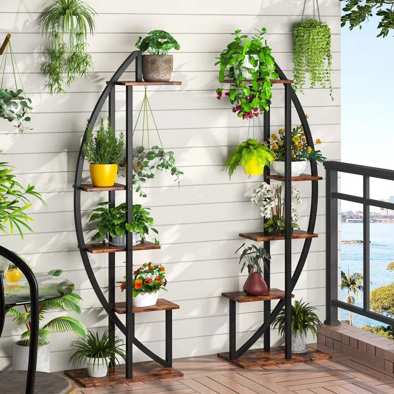 Juego de 2 - Estante para Plantas de Metal y Madera Moderno Simétrico de 10 Estantes
