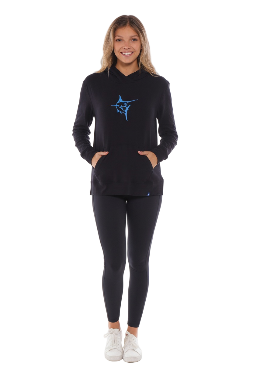 Marina Hoodie by White Water Life in black with blue logo and front pocket worn by model on Tampa Home & Garden Store