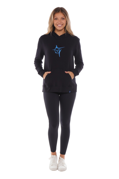 Marina Hoodie by White Water Life in black with blue logo and front pocket worn by model on Tampa Home & Garden Store