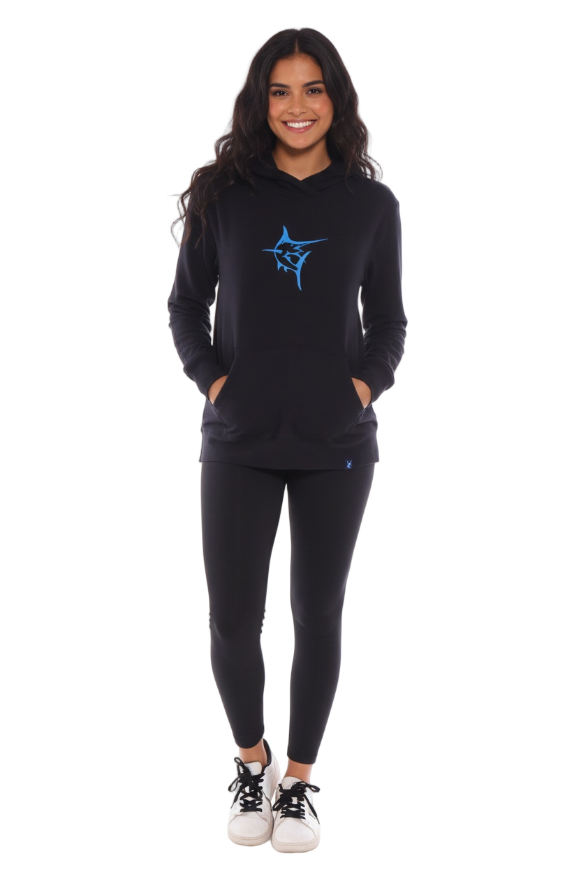 Marina Hoodie by White Water Life, black fleece hoodie with blue chest logo and front pockets on Tampa Home & Garden Store