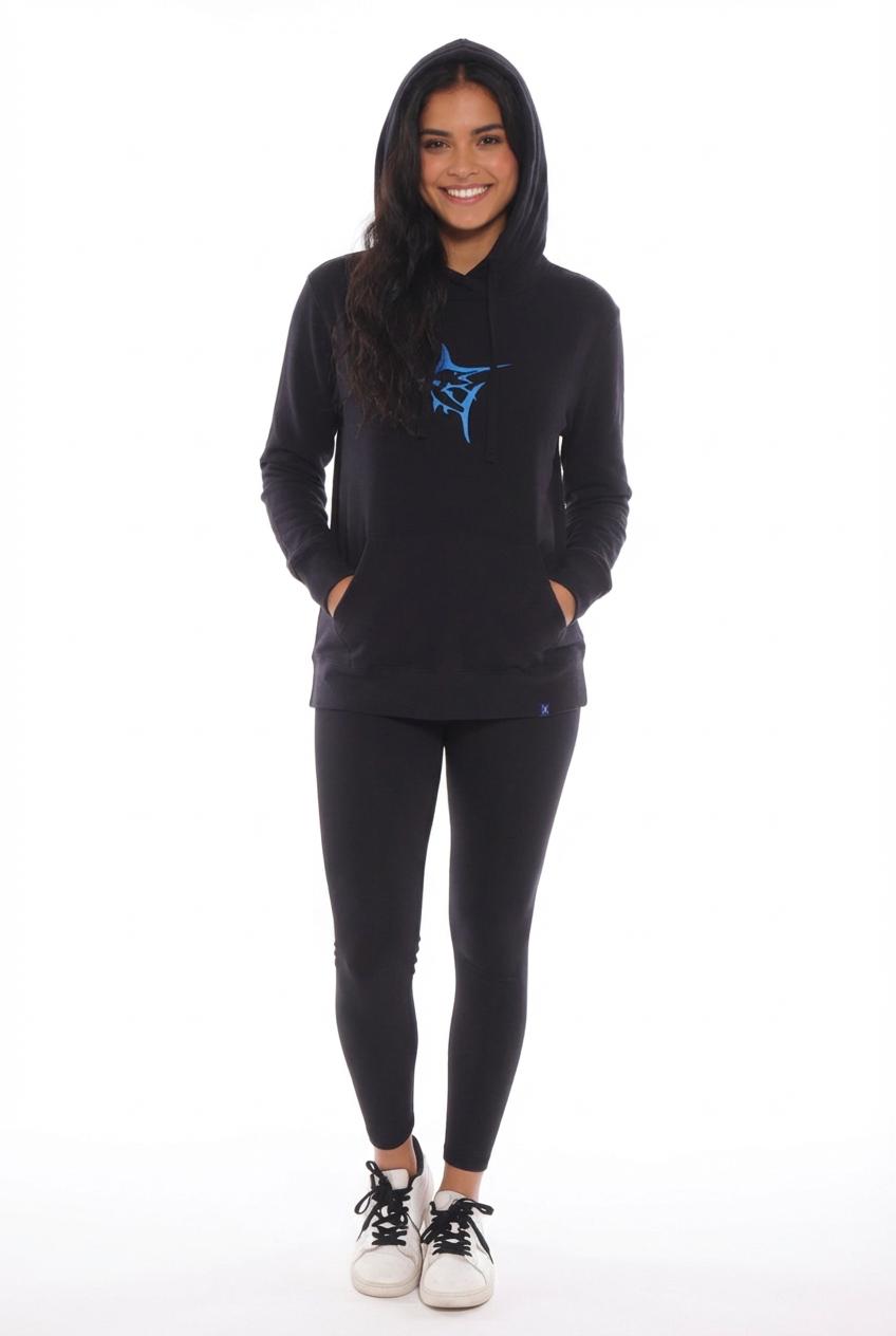 Marina Hoodie by White Water Life in black with blue chest logo, front pouch pocket on Tampa Home & Garden Store