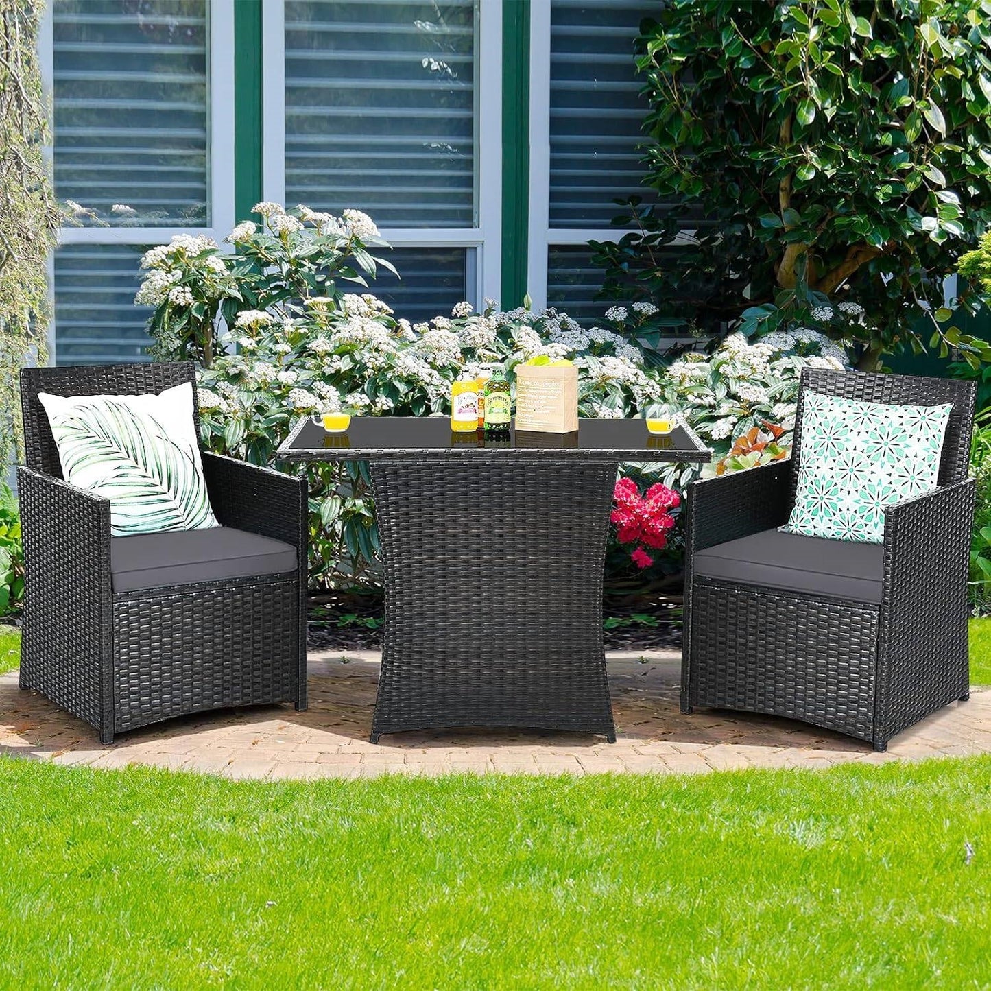 Juego de Comedor de Bistró de 3 Piezas para Patio Exterior en Ratán PE Gris Marrón