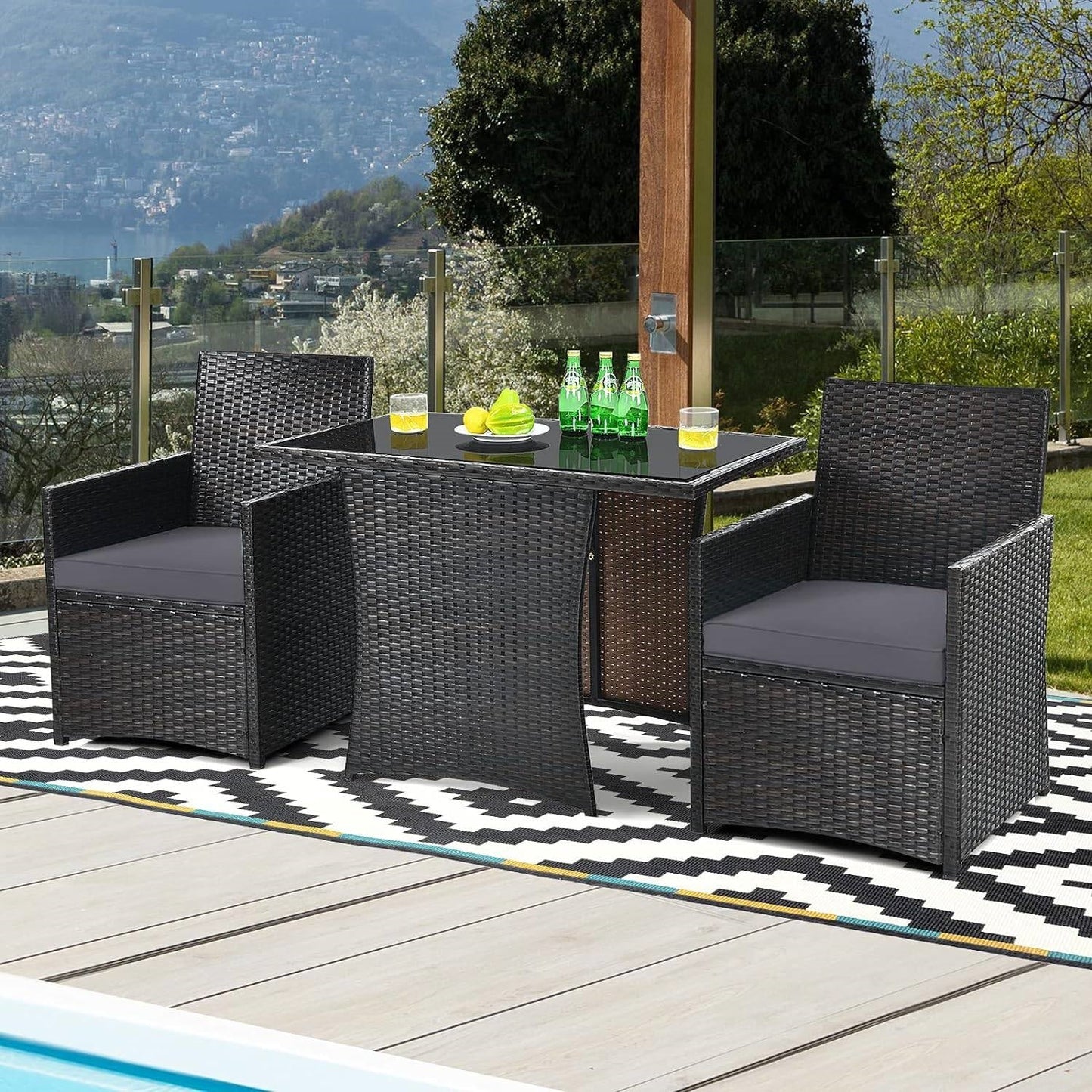 Juego de Comedor de Bistró de 3 Piezas para Patio Exterior en Ratán PE Gris Marrón