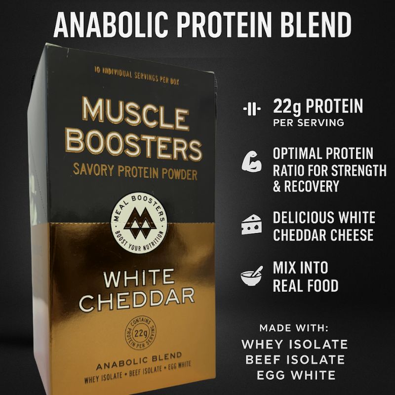 Muscle Boosters White Cheddar protein powder box, black/gold design, 10 servings on Tampa Home & Garden Store