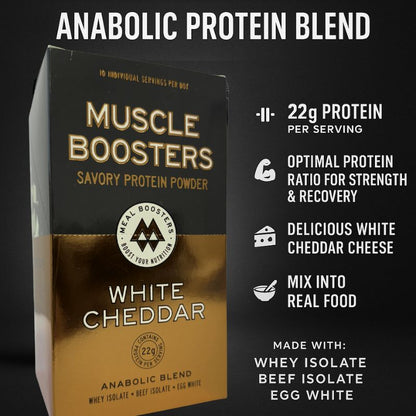 Muscle Boosters White Cheddar protein powder box, black/gold design, 10 servings on Tampa Home & Garden Store