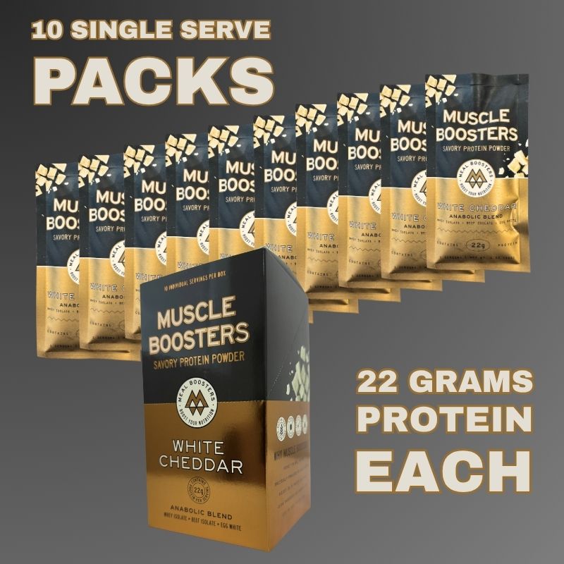 Muscle Boosters protein powder box White Cheddar with 10 single-serve packs, 22g protein each on Tampa Home & Garden Store
