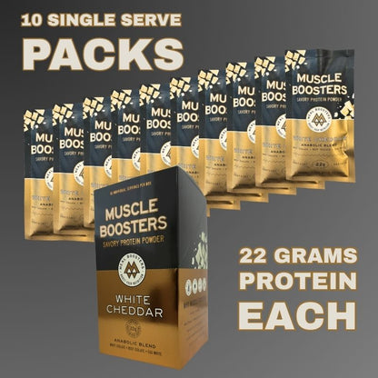 Muscle Boosters protein powder box White Cheddar with 10 single-serve packs, 22g protein each on Tampa Home & Garden Store