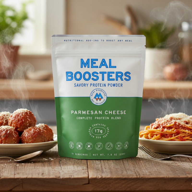 Meal Boosters Parmesan Cheese protein powder pouch with white-green packaging on Tampa Home & Garden Store