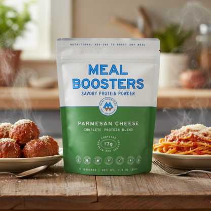 Meal Boosters Parmesan Cheese protein powder pouch with white-green packaging on Tampa Home & Garden Store