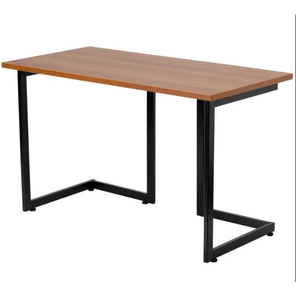 Escritorio moderno para computadora con estructura de metal negro y superficie con acabado de madera de cerezo