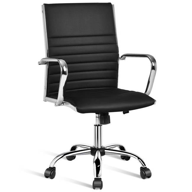 Black faux leather high-back office chair with armrests, chrome frame and five caster wheels on Tampa Home & Garden Store