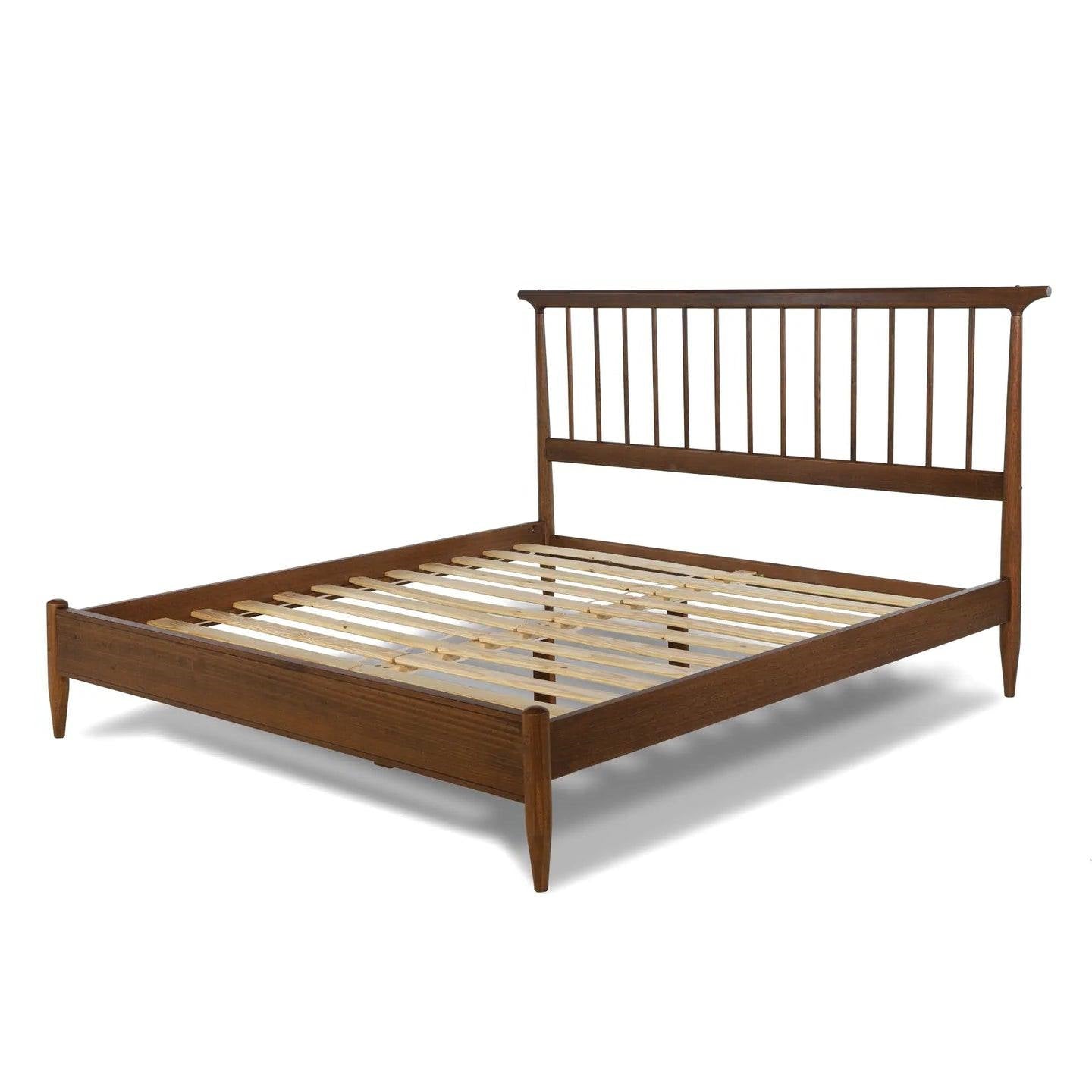 Base de cama de plataforma King Size de madera maciza de mediados de siglo con cabecera en nogal