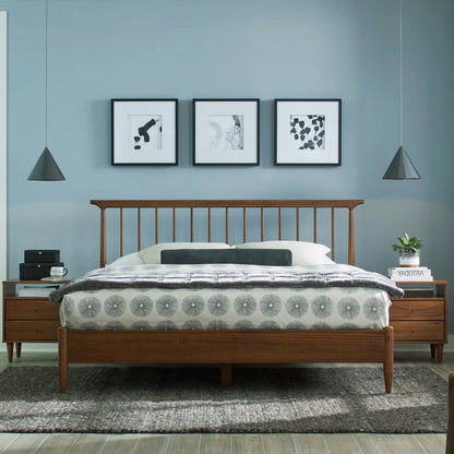 Base de cama de plataforma King Size de madera maciza de mediados de siglo con cabecera en nogal