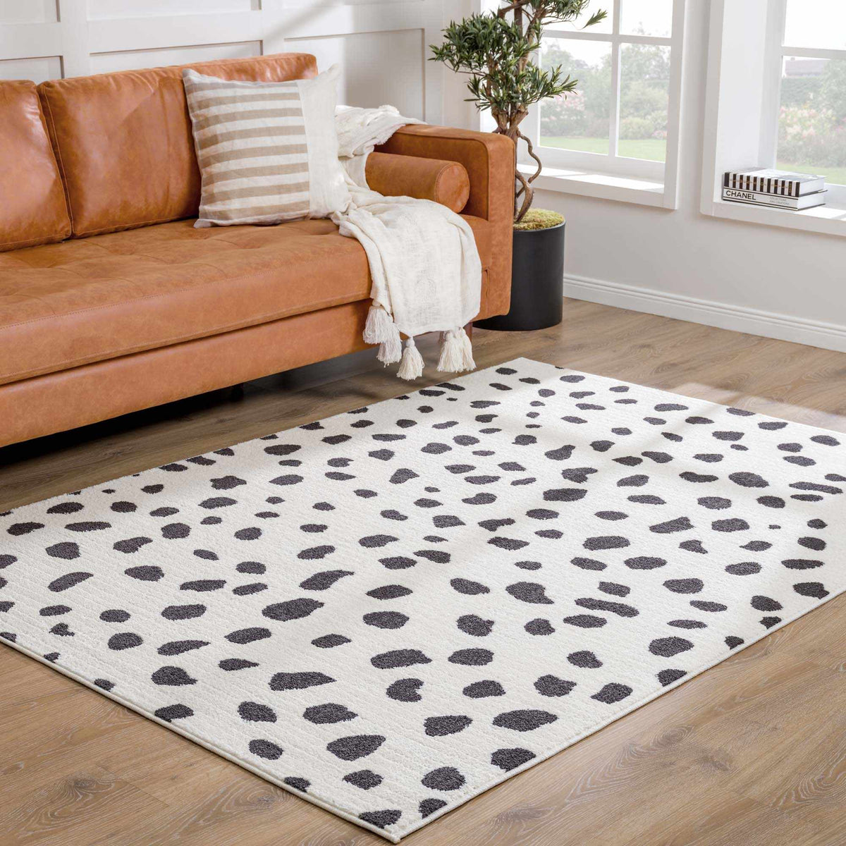 Tariffville Dalmatian Rug by Boutique Rugs, white backdrop with charcoal spots on Tampa Home & Garden Store