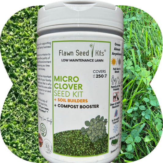 Micro Clover Easy Spread Shaker seed kit by Flawn Seed Kits, white shaker bottle on Tampa Home & Garden Store