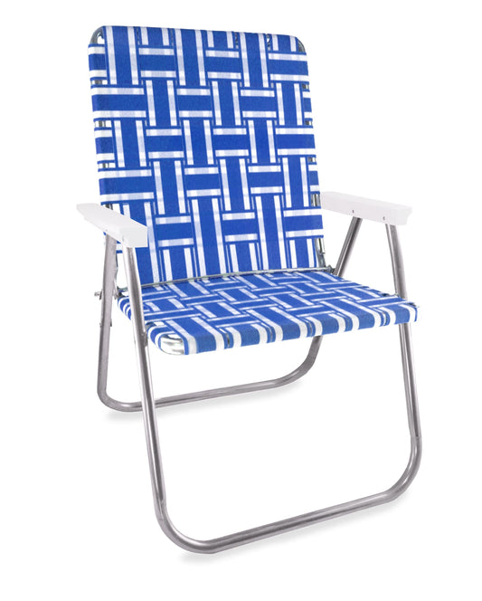 Blue and white striped Magnum Chair outdoor chair by Lawn Chair USA with aluminum frame on Tampa Home & Garden Store